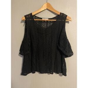 Moa Moa Womens Top Medium Black Crochet Lace Sheer Cold Shoulder Whimsigoth Y2K